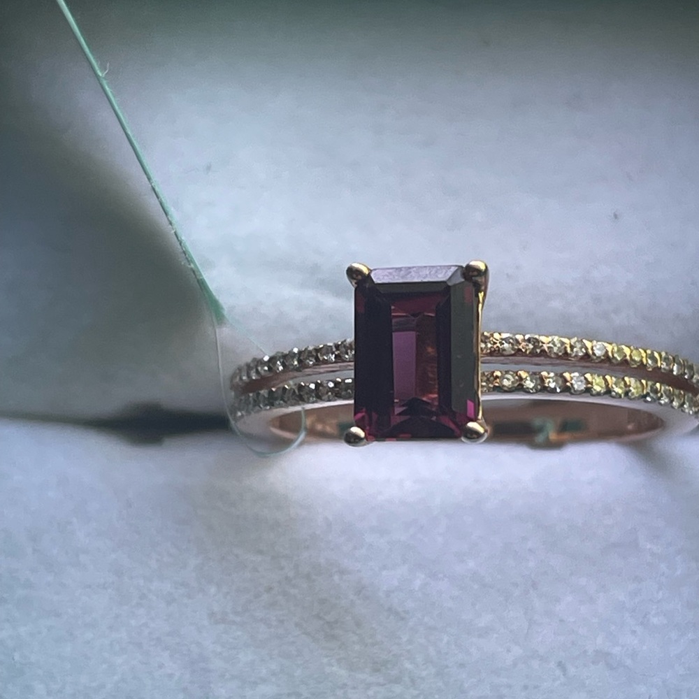 14K Rose Gold Diamond Rhodolite ring.